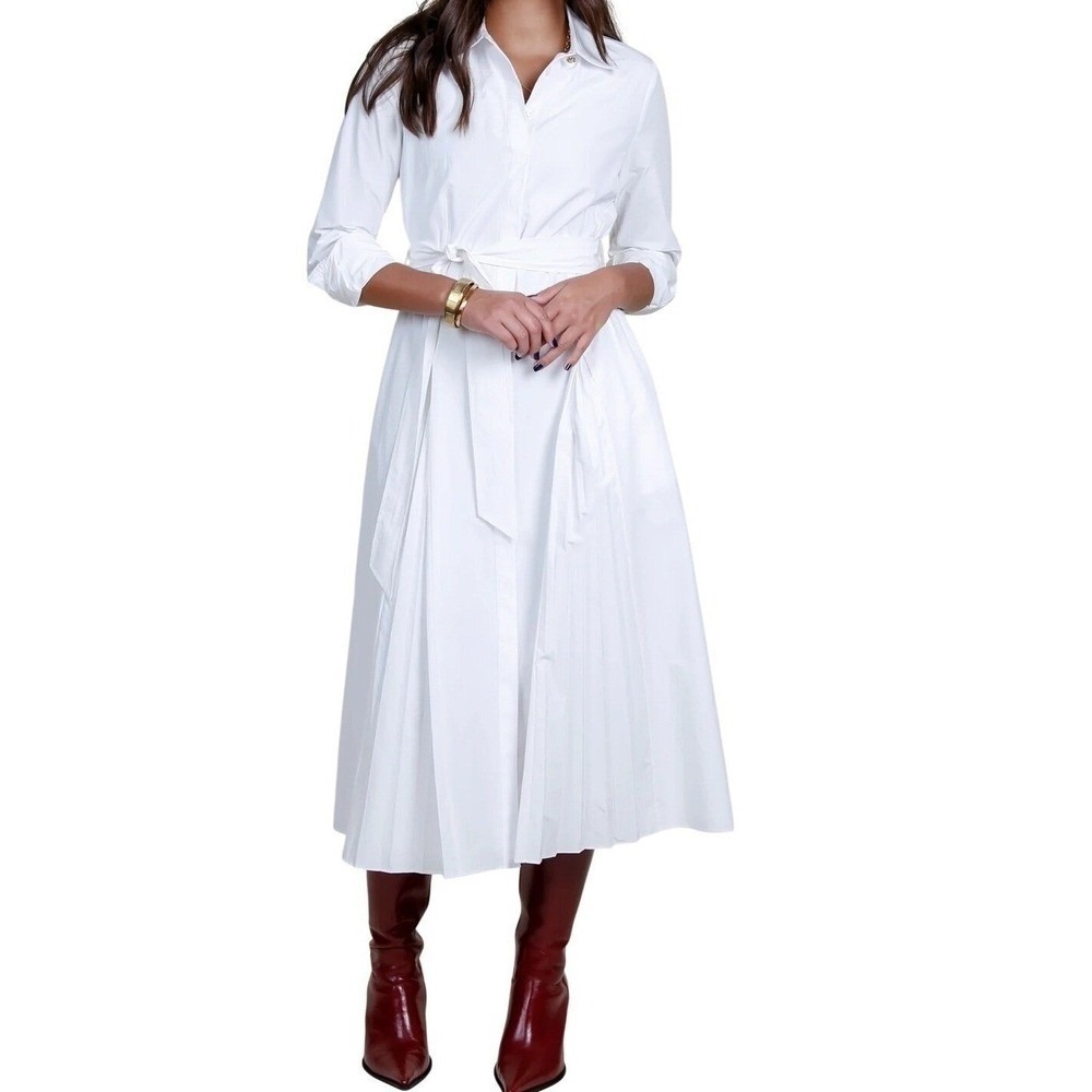 Derek Lam 10 Crosby Annette Shirt Dress Women's 10 White Pleated Tie Cotton NWT